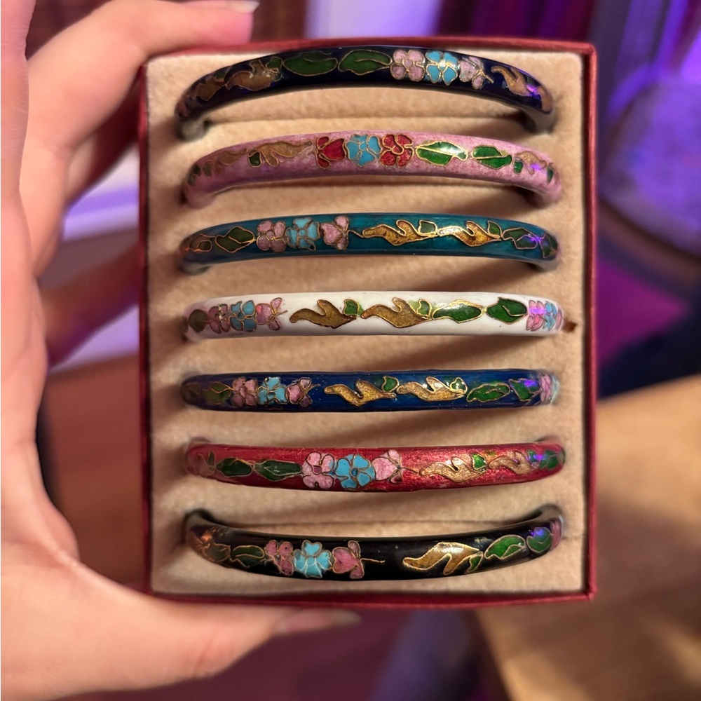 Floral Cloisonné Enamel Bangle Set - Multicolor